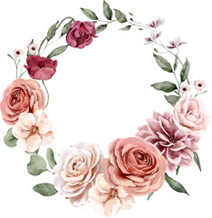 Watercolor Wreath with Dahlia, Roses and Leaves