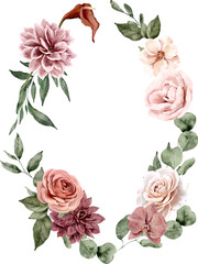 Watercolor Wreath with Dahlia, Roses and Leaves