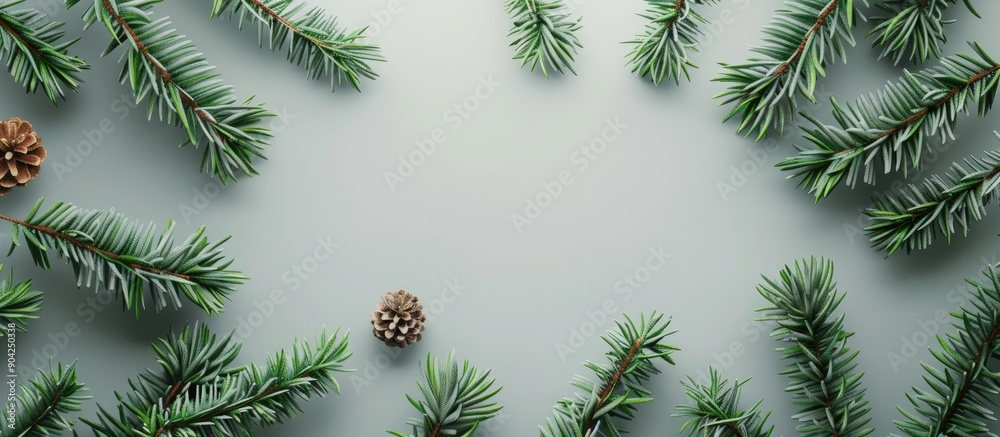 Canvas Prints Flat lay of a pine branch frame on a gray background with copy space image