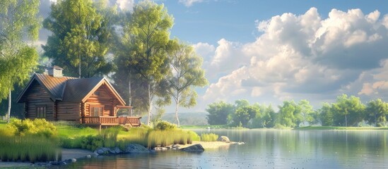 Fototapeta premium Wooden cottage on a sunny summer day with copy space image