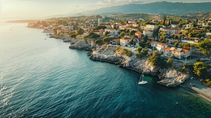 Aerial drone view of town houses or homes on ocean or seacoast. Mediterranean island tourism landscape, summer holiday citys