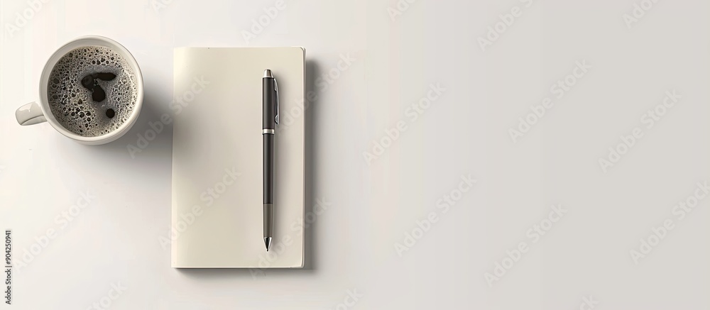 Poster concepts and ideas portrayed through a minimalistic arrangement of a blank notebook a pen and a cup 