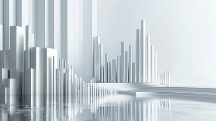 Obraz premium Abstract modern cityscape of tall white and silver cylindrical structures reflecting on a glossy, smooth surface, with minimalistic and futuristic design elements.