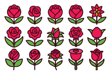 Fototapeta premium Set of red rose flower icons in different styles