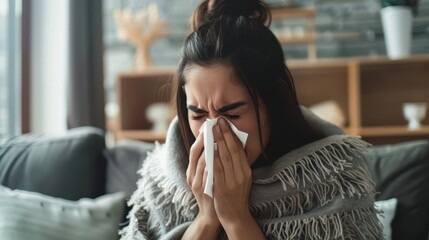 The woman sneezing indoors