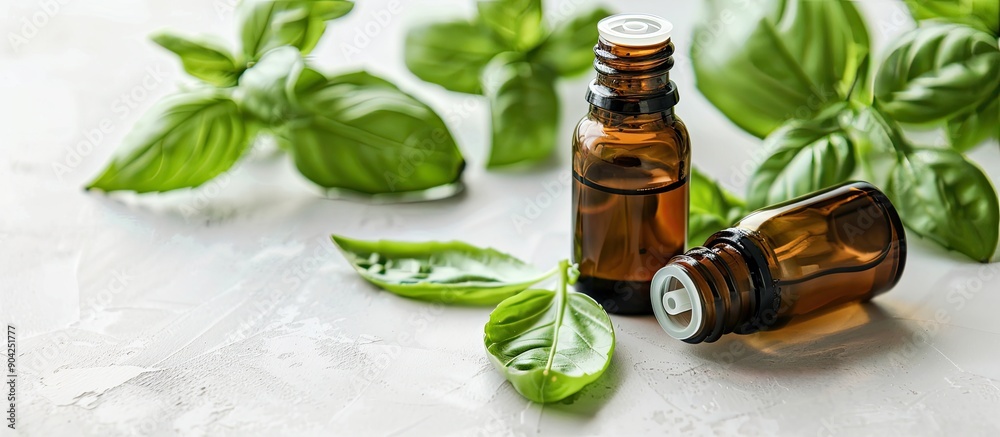 Poster Basil essential oil and fresh leaves used in aromatherapy and alternative medicine with a white background for a copy space image