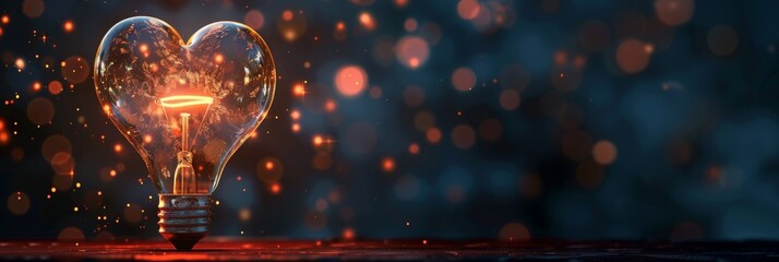 Heart-shaped light bulb with glowing filament, warm and captivating bokeh background. Symbol of love and innovation.