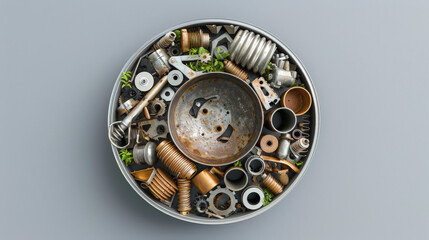 A collection of assorted mechanical parts and gears arranged in a circular pattern to create a visually intriguing composition.