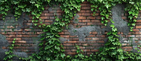 Ancient brick wall covered in green ivy with space for text in a rustic setting. Copy space image. Place for adding text and design