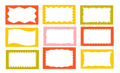 Squiggle stories frames set. Jaggered edges, retro scallop frames, psychedelic rectangles, photo frames, groovy shapes set 