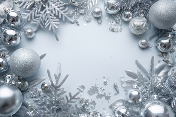 An array of shiny silver ornaments, including snowflakes and baubles, arranged in a festive frame with space in center.