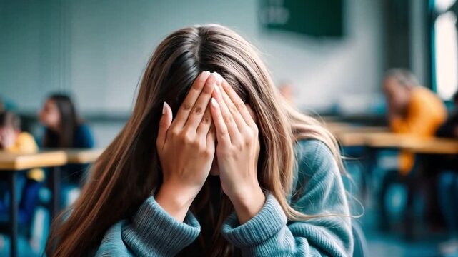 Stressed unhappy female adolescent, difficult life situation with bullying in school, psychological problem. Student discrimination or abuse. Conception of harassment. Generative AI
