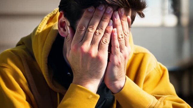 Teenage bullying at school corridor. Upset man sitting down covering his face, crying. Social inequality problem. Male student victims of violence by classmates. Generative AI