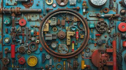 Fototapeta premium A wall adorned with various vintage mechanical parts and industrial gears, creating a visually intricate and textured display of engineering components and tools.