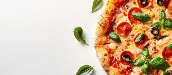 Top view of a pizza with a clipping path isolated on a white background featuring selective focus...