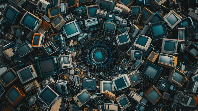 A mesmerizing spiral of vintage televisions and electronics creates a nostalgic tribute to obsolete technology, emphasizing the passage of time and technological advancement.