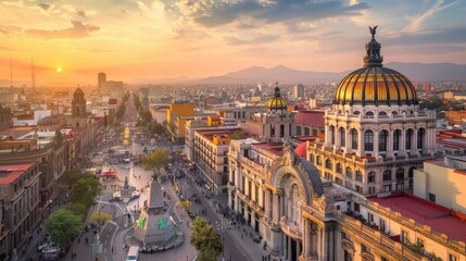 Naklejka premium A panoramic view of Mexico City at sunset, showcasing its bustling streets and iconic landmarks.