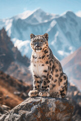 Obraz premium Snow Leopard Resting on Rocky Mountain Outcrop