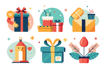 A Set of Colorful Gift Box Icons with Different Designs