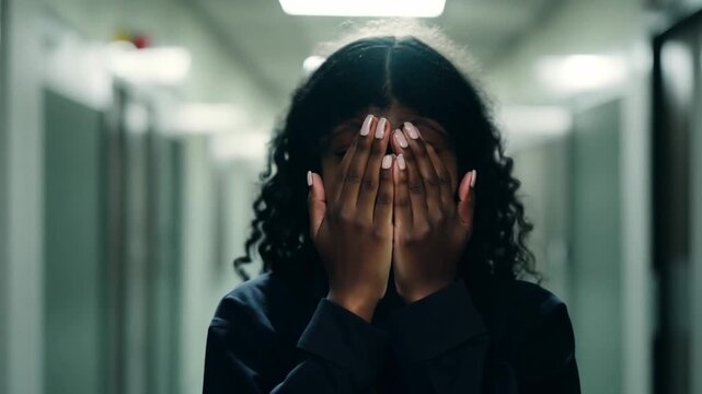 Stressed unhappy female black adolescent, difficult life situation with bullying in school, African American people racism. Psychological problem. Student discrimination or abuse. Generative AI