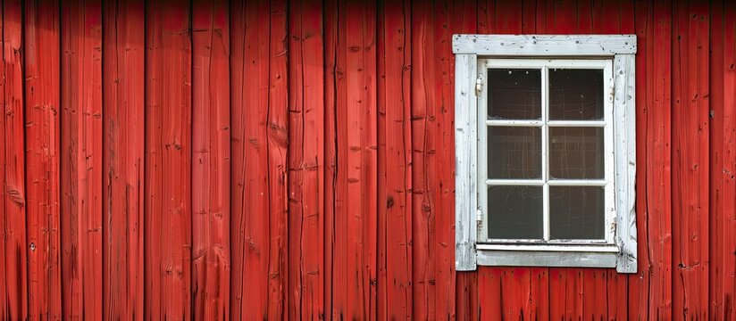 An old red plank wooden cottage with a white framed window featuring copy space image