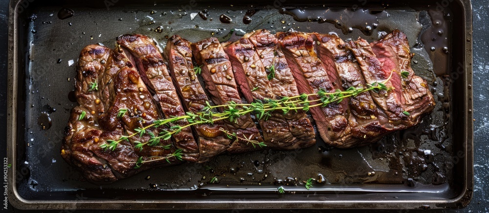 Sticker Top down view of a skirt steak topped with thyme on a steel tray with a black background setting suitable for a copy space image