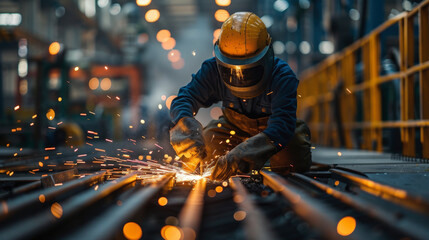 A worker, fully geared in protective clothing and helmet, is welding metal rods amidst sparks in an industrial setting.