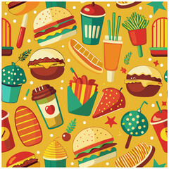 Retro cartoon fast food seamless pattern, sticker.