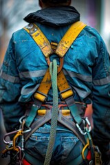 A person wearing a harness with orange straps. The straps are red and yellow