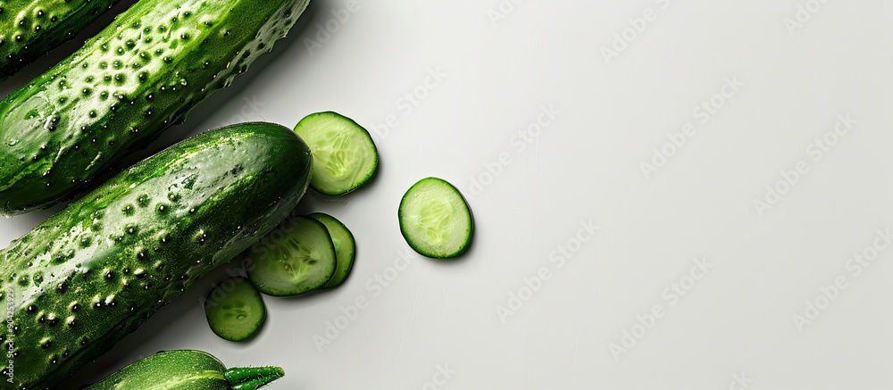 Wall mural Crisp cucumbers on a clean white surface with plenty of copy space image