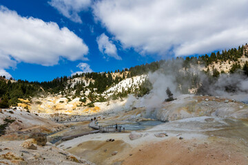 dramatic volcanic landscape of hot steams and sulfur laden pools, hydrothermal area  in Bumpass...