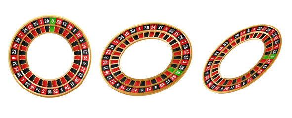 Golden casino roulette wheel with numbers and cells on white background with golden light, rays, glare, sparkles. Vector illustration for casino, game design, advertising