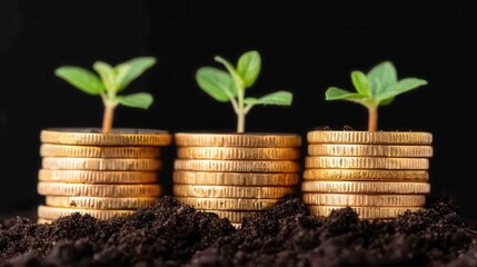A striking image of coins stacked with green plants growing, symbolizing investment and financial growth.