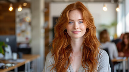 Obraz premium Confident Redhead Woman Smiling in Modern Office Environment