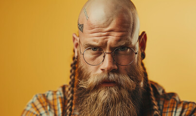 Portrait of a bearded man with pigtails in Viking style with glasses on yellow background