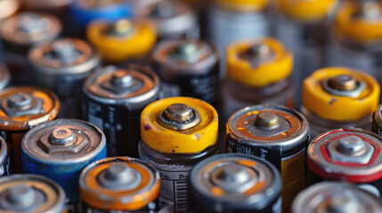 Close-up of various used batteries with different sizes and corrosion, emphasizing the need for proper recycling and disposal of electronic waste to protect the environment.