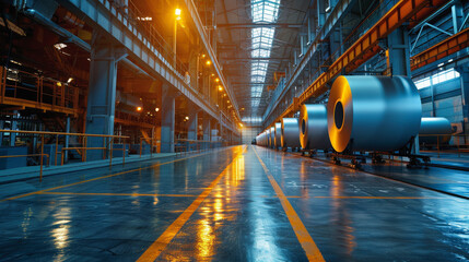 Obraz premium An industrial warehouse displaying large rolls of sheet metal lined up, illuminated by bright lights reflecting off the shiny floor and metallic surfaces.