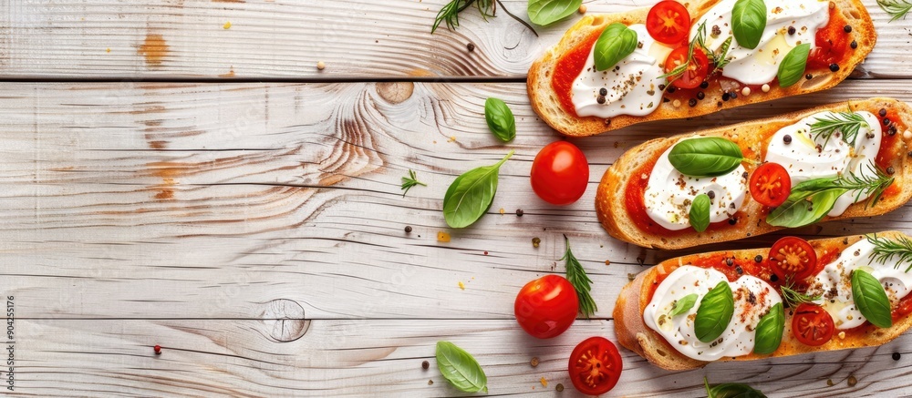 Sticker Flat lay of delicious pizza toasts and fresh ingredients on a light wooden table with room for text in the image. Copy space image. Place for adding text and design