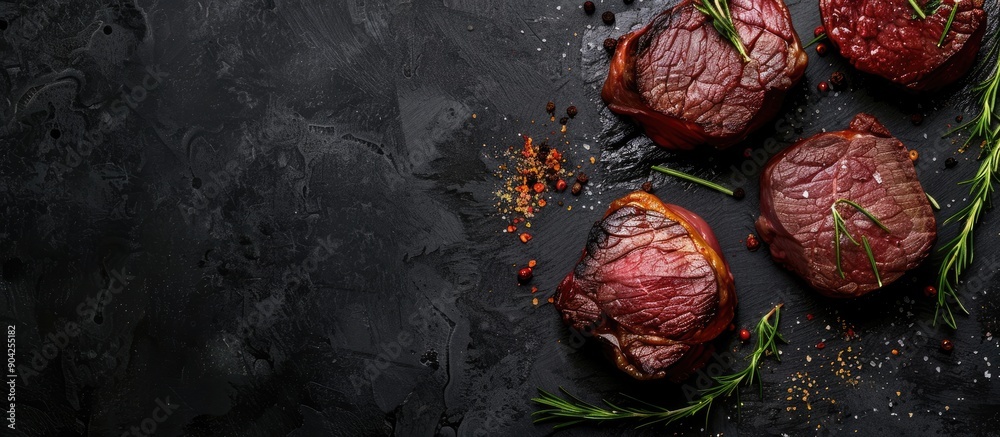 Wall mural Top down view of dry aged fillet mignon and beef tenderloin steaks on a black backdrop with copy space image