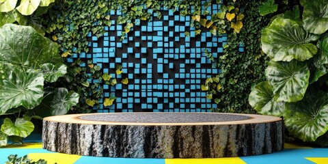 Wooden Tree Trunk Platform with Green Foliage and Blue Tiles