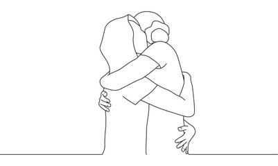 line art illustration of two asian women hugging, friendship hug