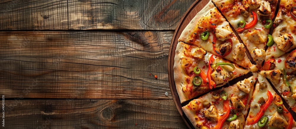 Poster An appetizing sliced chicken and pepper pizza displayed on a rustic wooden table with a background perfect for a copy space image