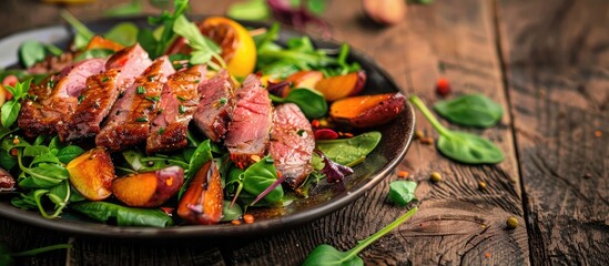 Fresh smoked duck breast meat salad displayed as a delicious meal or snack on a rustic table setting with a food background providing copy space image