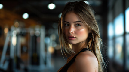 Fototapeta premium Beautiful Woman in Gym with Natural Lighting and Soft Focus Background