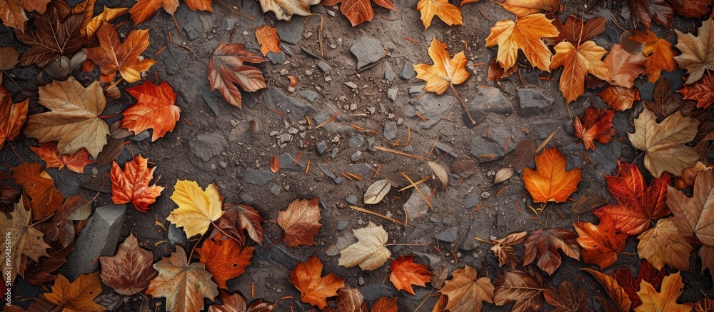 Wall mural close up of a pathway blanketed with autumn leaves offering a textured and patterned frame around a 