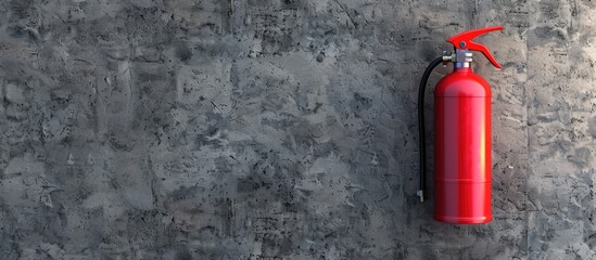Fototapeta premium Top view of a single red fire extinguisher on a textured gray surface with room for adding text in the image. Copy space image. Place for adding text and design