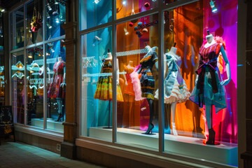 Naklejka premium Fashion-forward boutique with medium-density color splashes featured in window displays and signage.