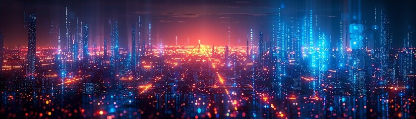 Obraz premium Digital cityscape, blue lights, dark background, futuristic hightech environment