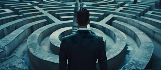 A business man in a suit standing at the entrance of an intricate maze, looking contemplative and ready to face challenges. The background is a vast labyrinth with multiple paths leading in different 