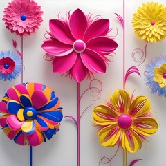 Obraz premium Vibrant, stylized, and intricately detailed abstract flowers in a variety of bold, bright colors, including hot pinks, electric blues, and sunshine yellows, isolated against a pr